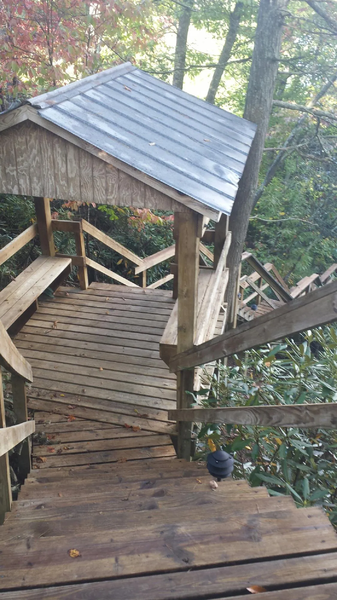 Metal roofed shelter over wooden steps on a wooded walkway — Skylight Repair & Installation work by our crew in Caliente